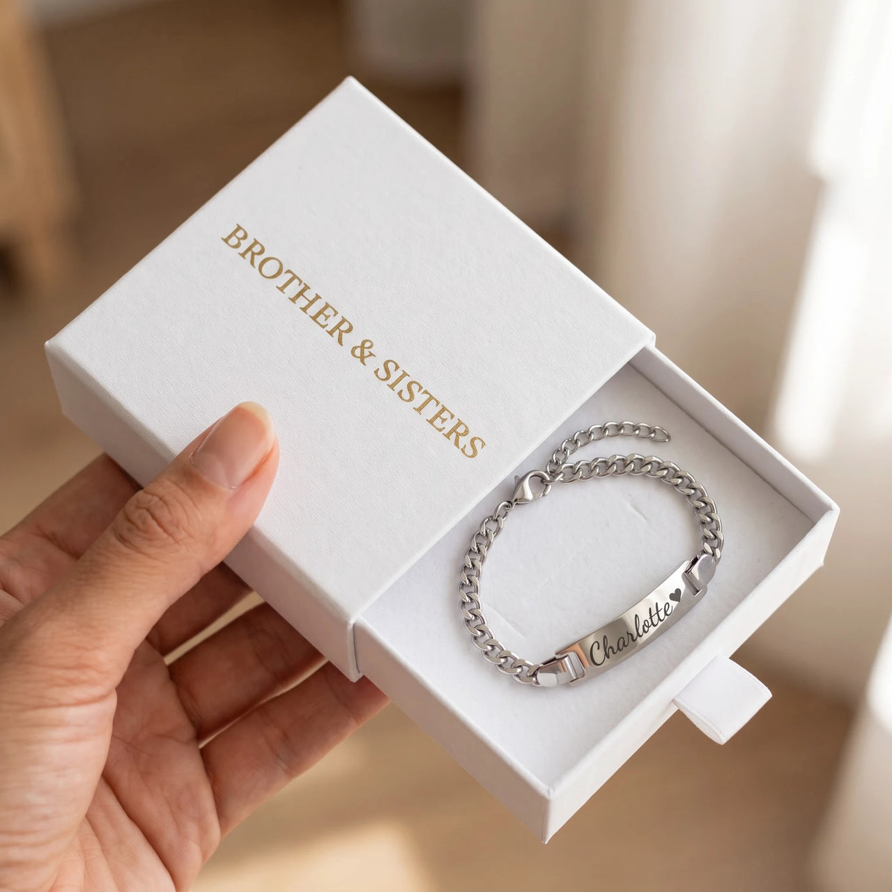 Baby Name Bracelet by Brother & Sisters in silver gift box