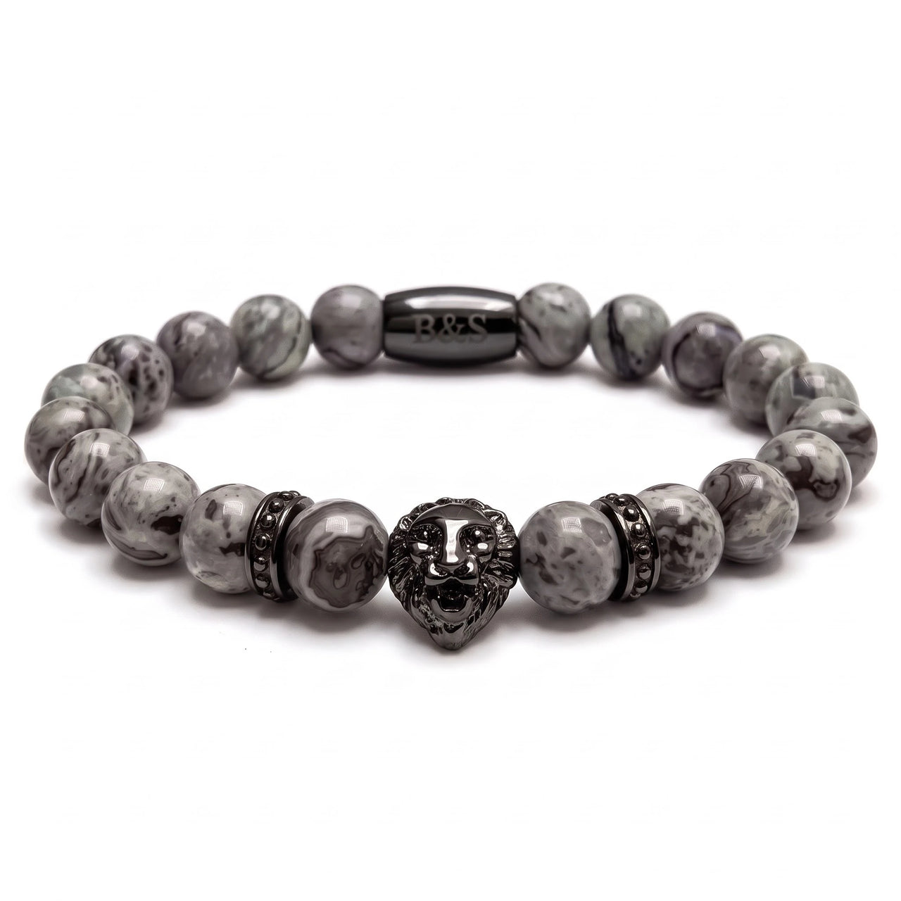 Black Lion & Grey Stones Bracelet – studio packshot | Brother & Sisters | SKU: 20866222-gun-black-XS-14-15, 20866222-gun-black-S-16-17, 20866222-gun-black-M-18-19, 20866222-gun-black-L-20-21, 20866222-gun-black-XL-22-23