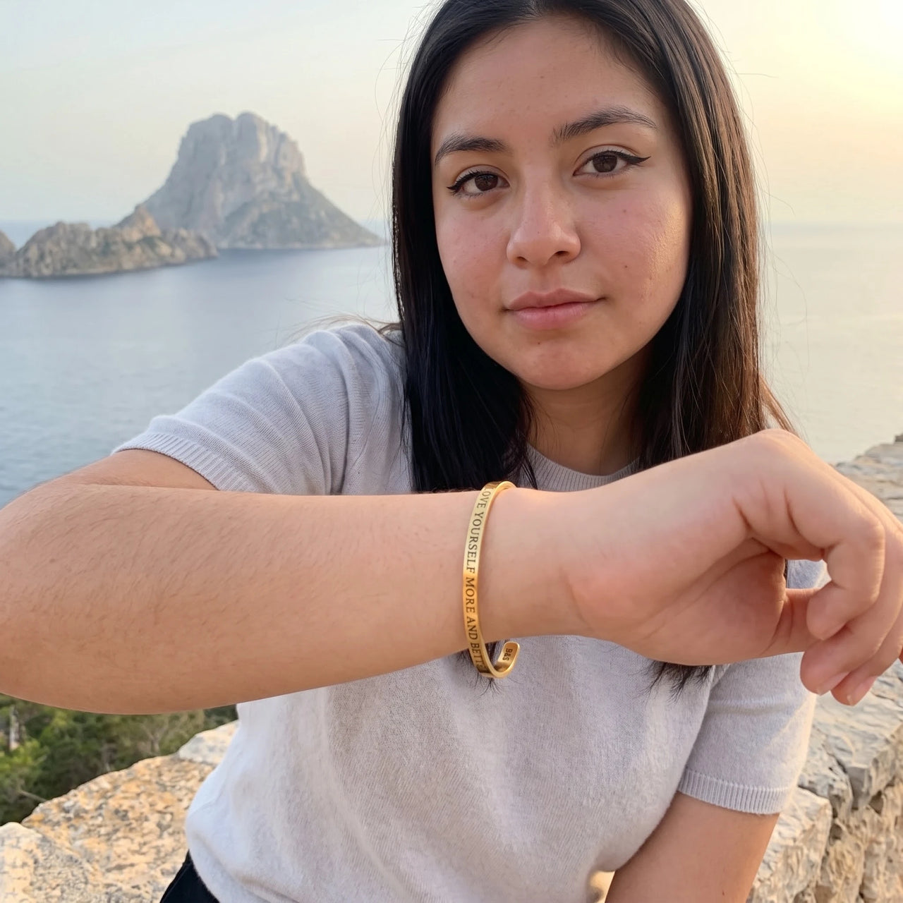 Love Yourself More And Better bracelet in gold worn on a getaway | SKU: lymab-g