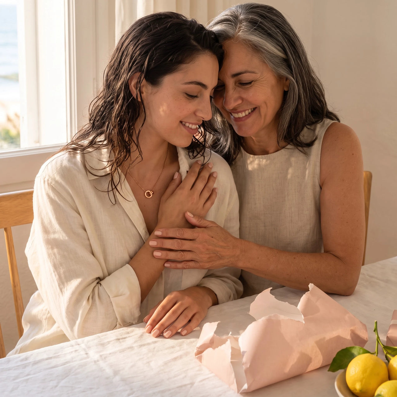 Rose gold necklace offered as a gift between mother and daughter | SKU: 25535378-rose-gold