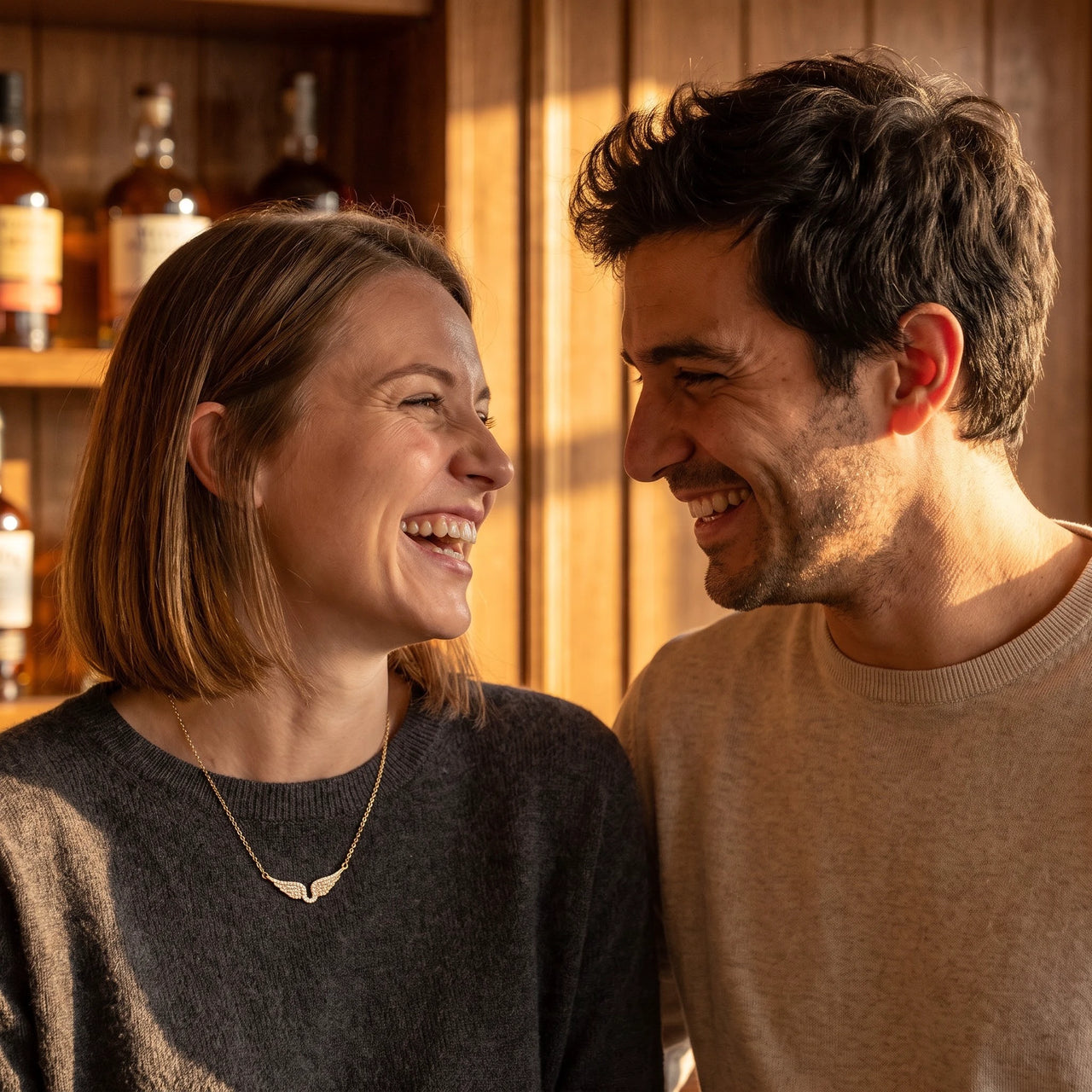 Woman wearing the gold necklace with her partner | SKU: 42002-gold