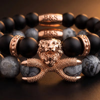 Thumbnail for Rose Gold Lion with Black & Grey Stones Set – macro detail of the lion head | Brother & Sisters | SKU: 21369621-rose-gold-XS-14-15, 21369621-rose-gold-S-16-17, 21369621-rose-gold-M-18-19, 21369621-rose-gold-L-20-21, 21369621-rose-gold-XL-22-23