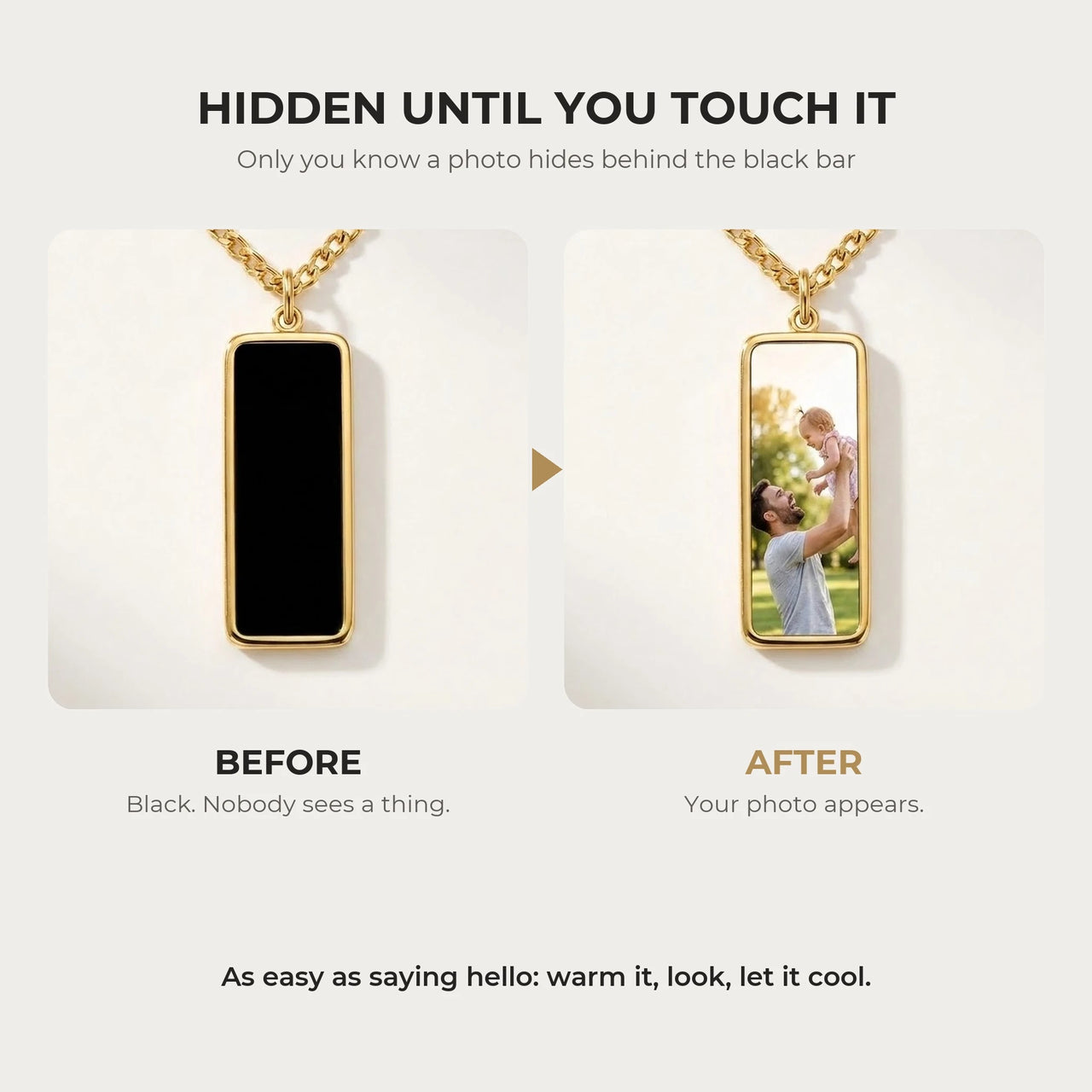 Before and after: black gold bar pendant, then the photo revealed by warmth | SKU: TPH-BARN-GOLD