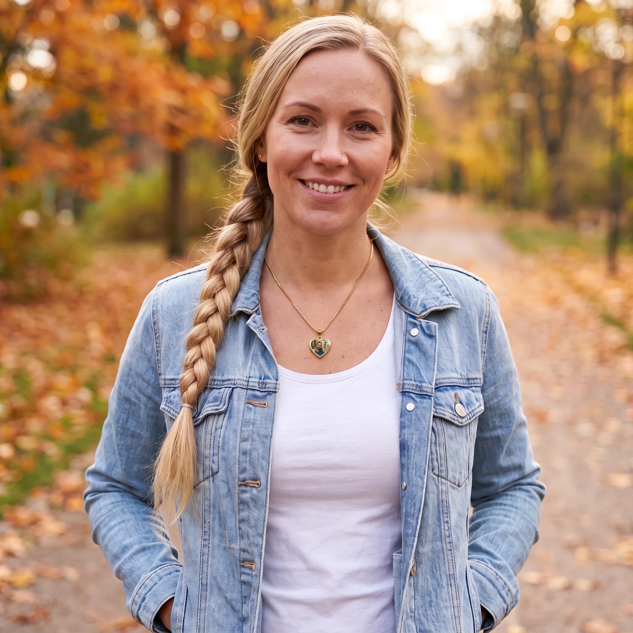 Woman in an autumn park wearing the gold secret heart photo necklace | SKU: TPH-CHTN-GOLD-SMALL