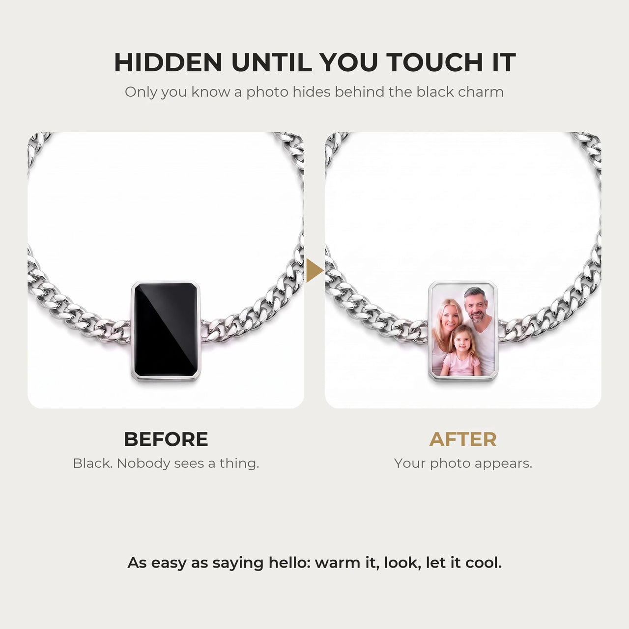 Before and after: black cushion-cut charm on the silver bracelet, then the family photo revealed by warmth | SKU: TPH-CUSB-SILVER