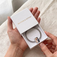 Thumbnail for The silver cushion-cut photo bracelet with a wedding photo, in the open Brother & Sisters gift box | SKU: TPH-CUSB-SILVER