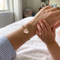 Thumbnail for Mother and daughter hands together, the gold heart photo bracelet on the wrist | SKU: TPH-HRTB-GOLD