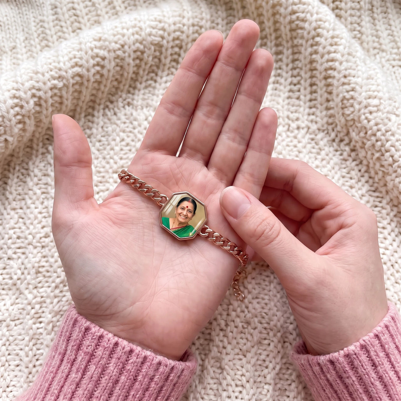 Thumb warming the rose gold octagon bracelet plate: the hidden photo appears under the thumb while the rest stays black | SKU: TPH-OCTB-ROSEGOLD-18