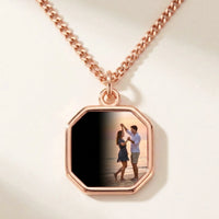 Thumbnail for Secret Octagon Photo Necklace in rose gold, black octagon pendant turning into a hidden photo when warmed | SKU: TPH-OCTN-ROSEGOLD