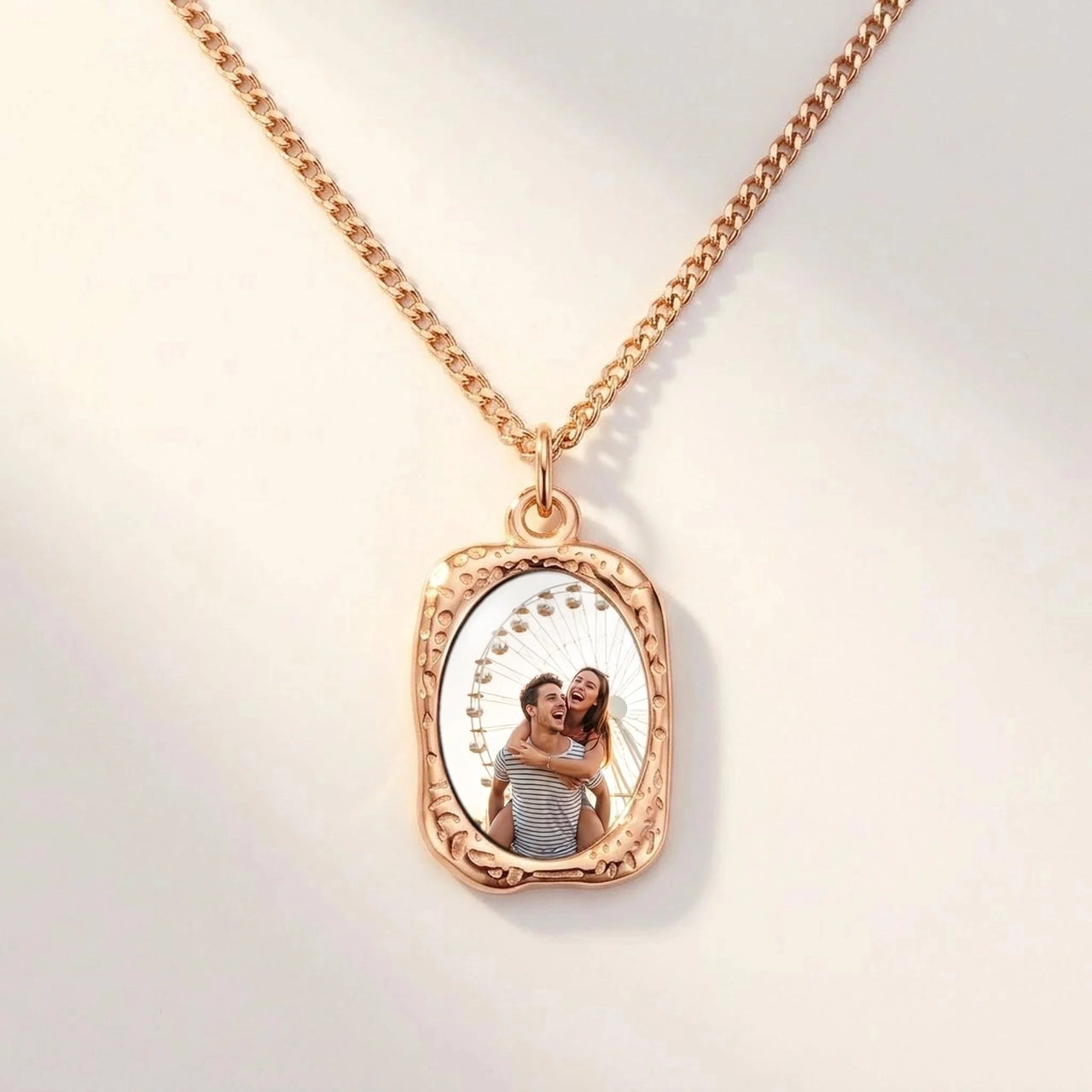 Secret Oval Photo Necklace in rose gold, black oval pendant turning into a hidden photo when warmed | SKU: TPH-OVLN-ROSEGOLD