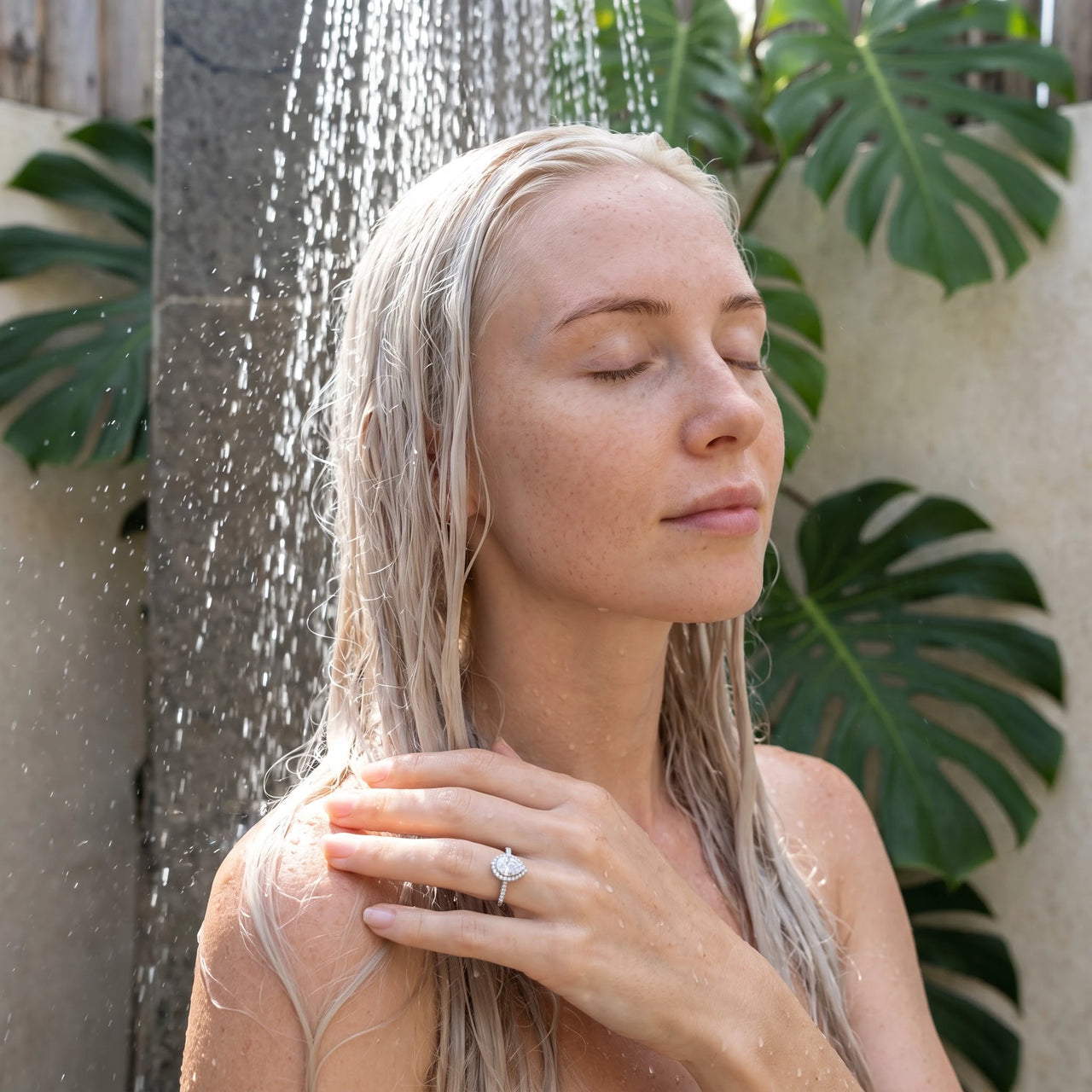 Silver ring worn under a tropical outdoor shower | SKU: 505162-4.5-silver
