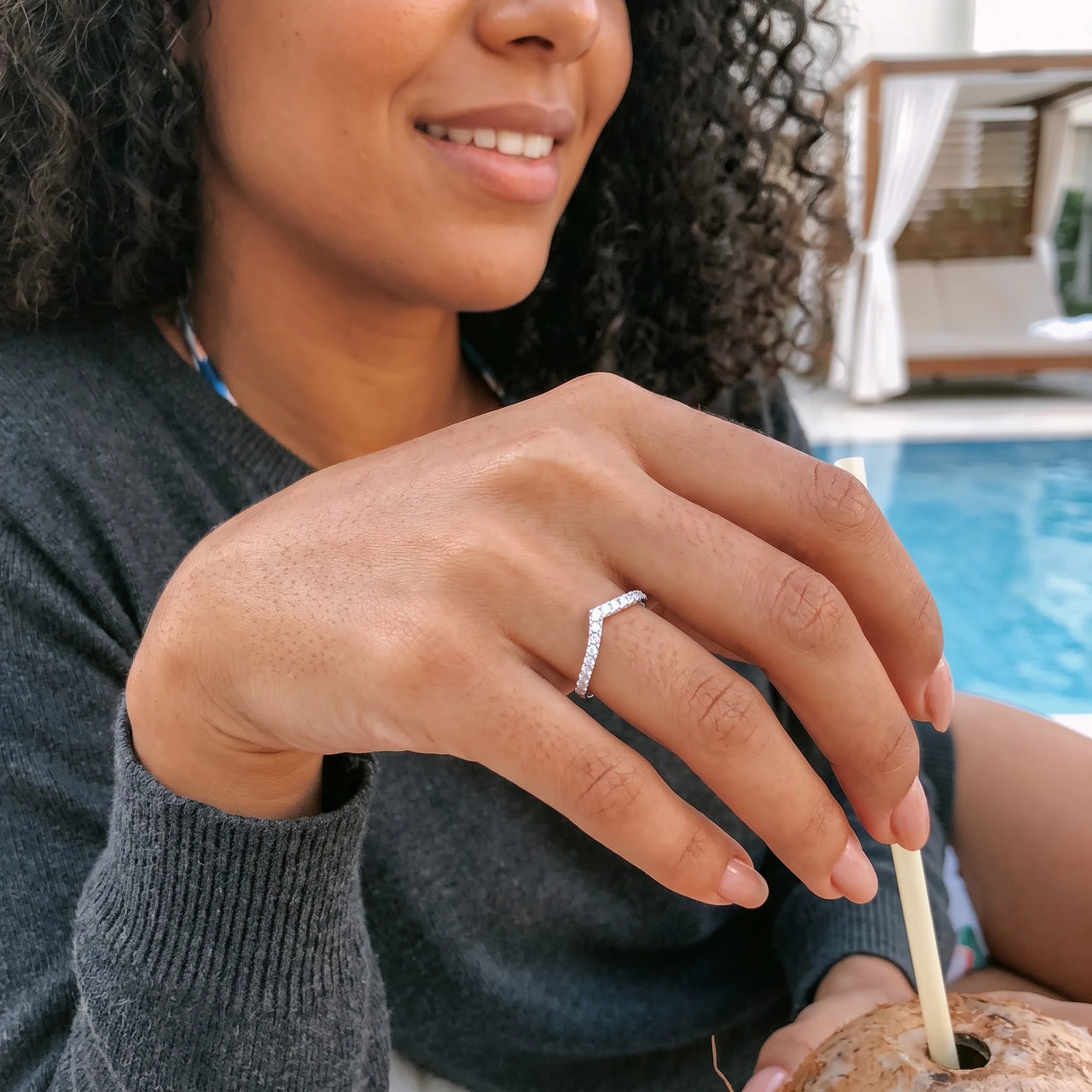 Woman relaxing on holiday wearing the silver ring | SKU: 10645547-4.5-silver