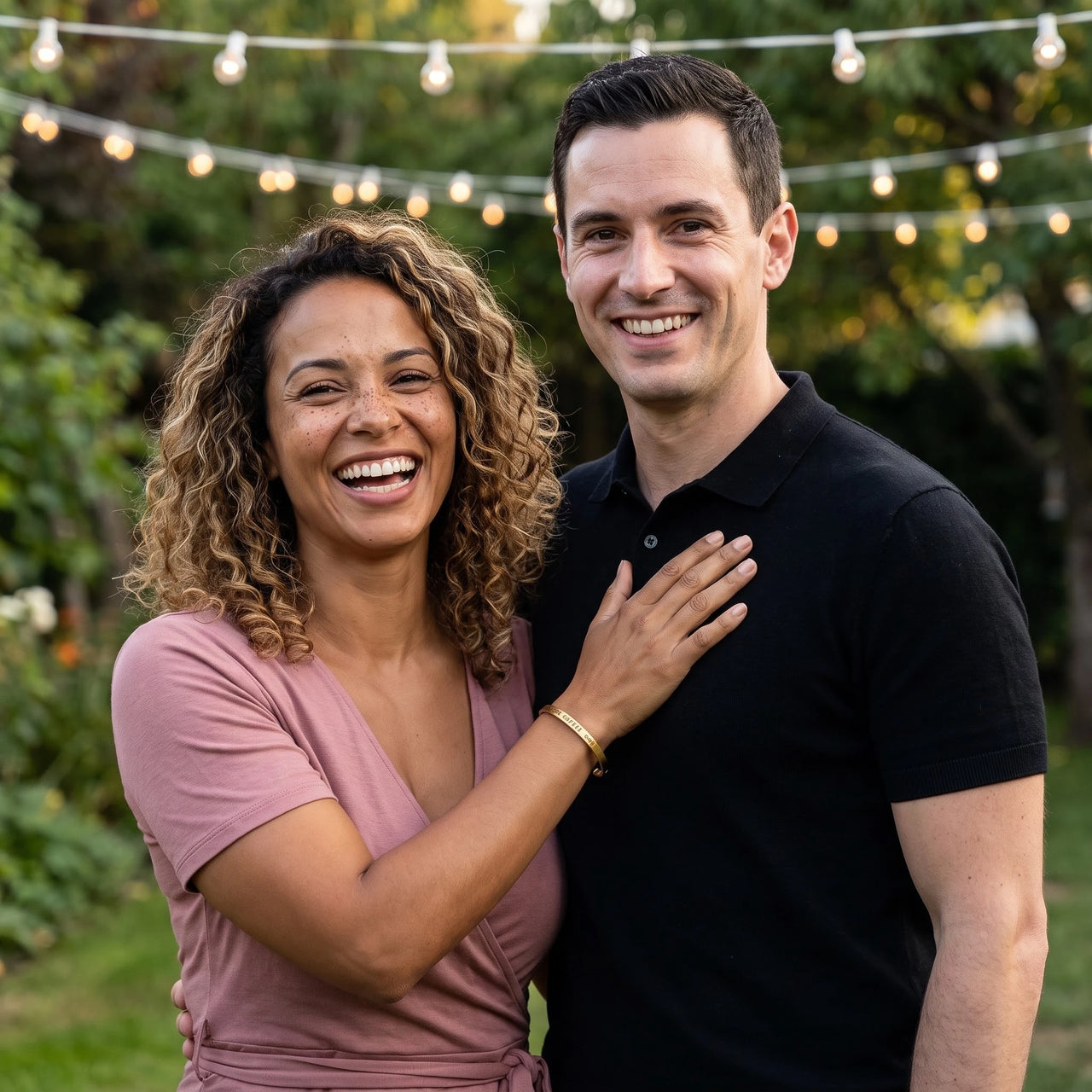 Couple moment, she wears the Travel To Feel Alive bracelet in gold | SKU: ttfa-g